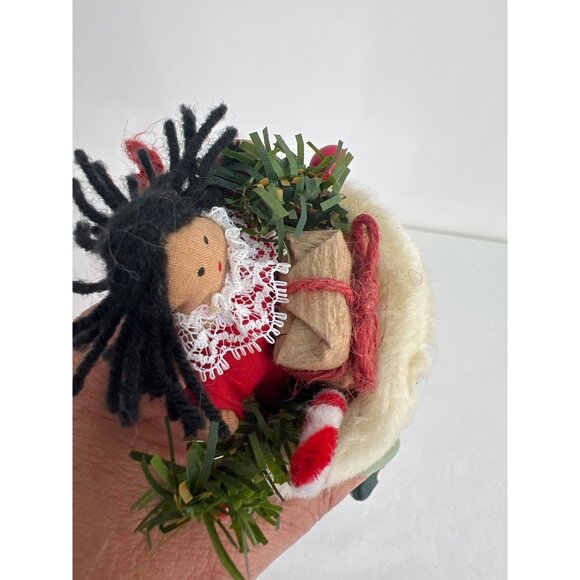 VTG Hand Painted Primitive Style Christmas Stocking Ornament With Doll & Greener - Picture 4 of 4
